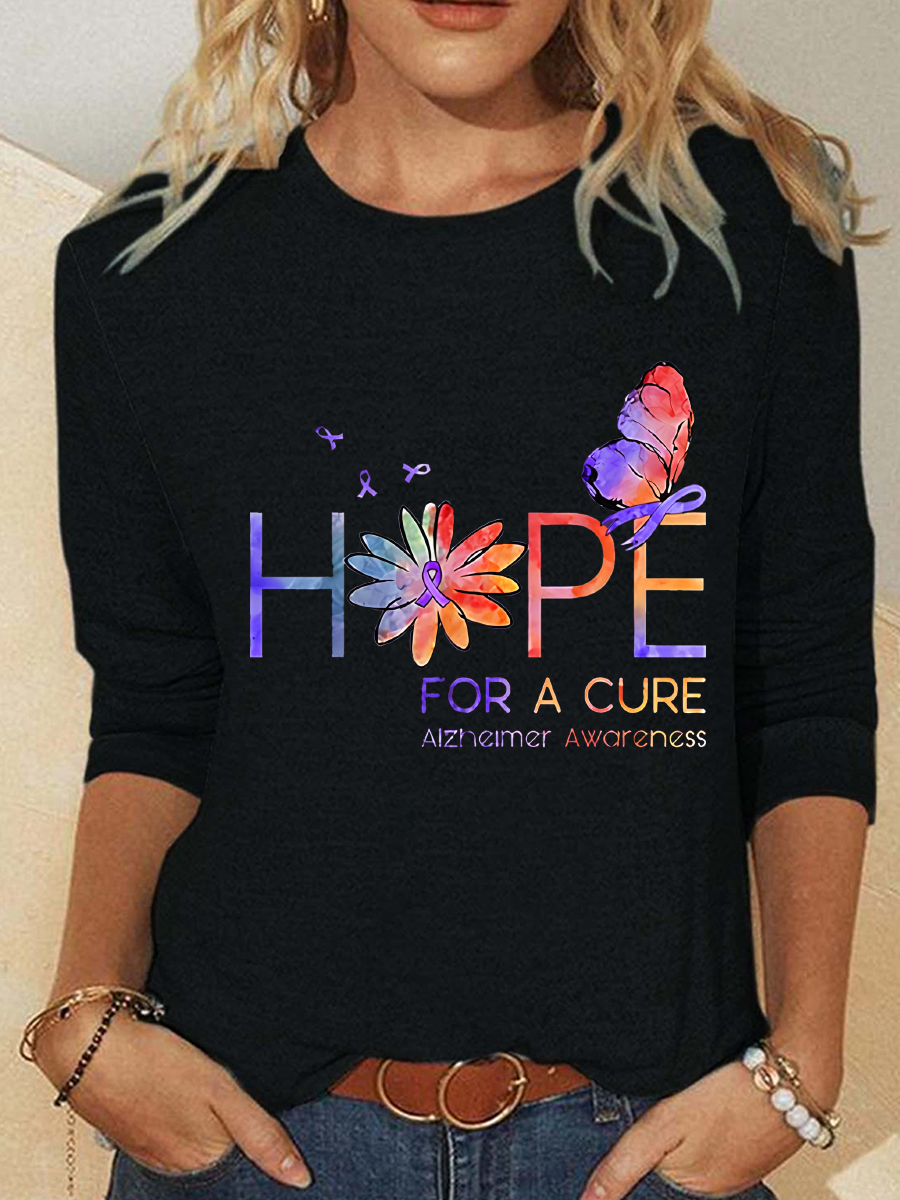 Women's Hope For A Cure Purple Ribbon Alzheimer's Awareness Fighter Supporter Casual Long Sleeve Shirt