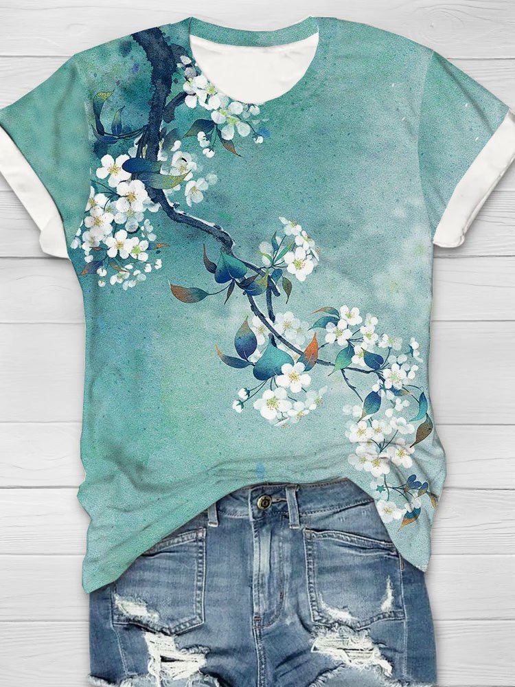 Plum Blossom Flower Printed Round Neck T-shirt