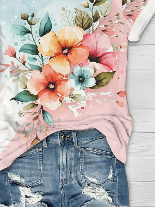 Floral printed round neck T-shirt