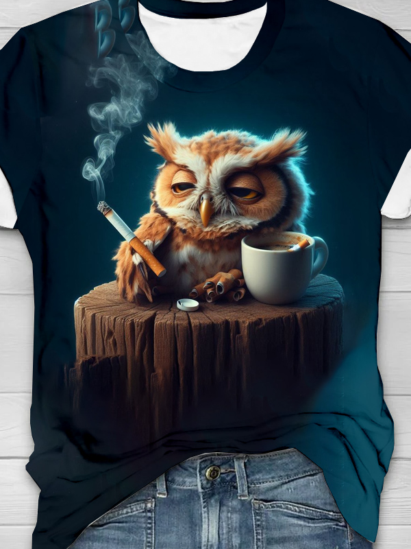 Lazy Coffee Owl Cotton T-shirt