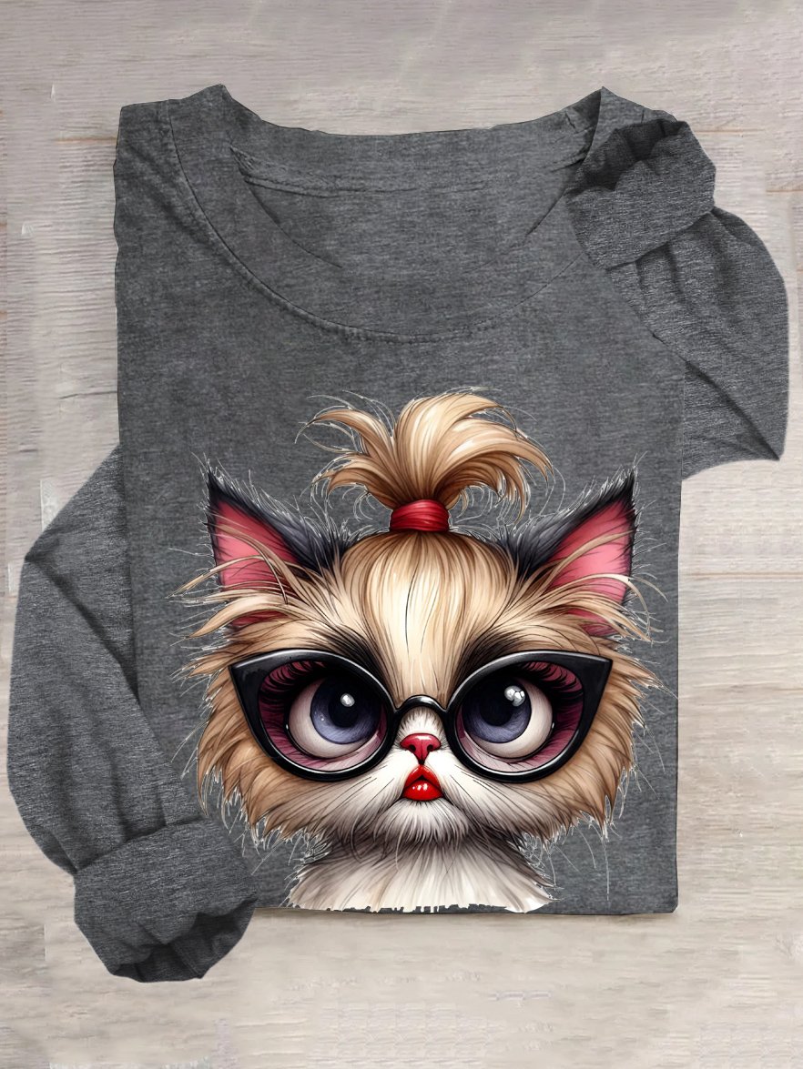 Cotton-Blend Loose Casual Cute Kitten T-Shirt