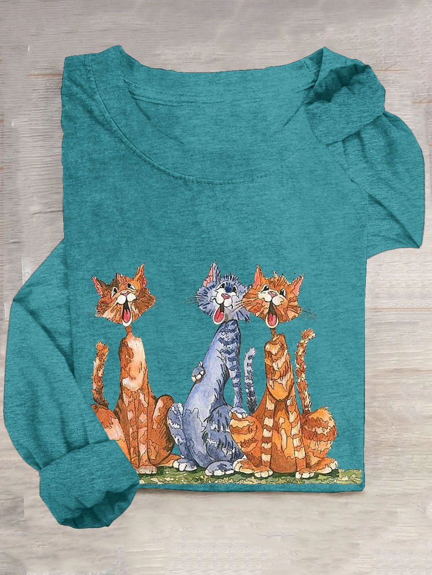 Funny cat print round neck long sleeved T-shirt