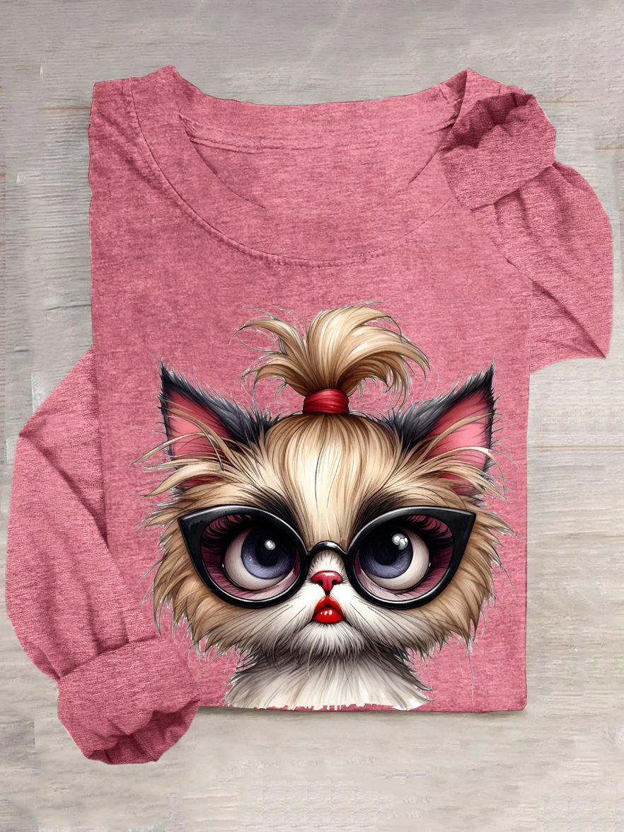 Cotton-Blend Loose Casual Cute Kitten T-Shirt