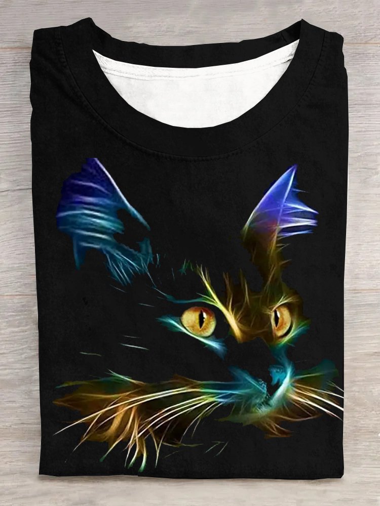 Crew Neck Jersey Casual Cat T-Shirt