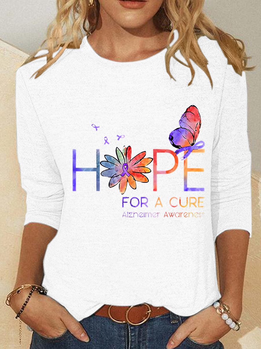 Women's Hope For A Cure Purple Ribbon Alzheimer's Awareness Fighter Supporter Casual Long Sleeve Shirt