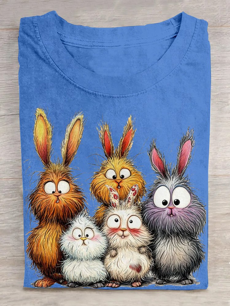 Crew Neck Rabbit Cotton Casual T-Shirt