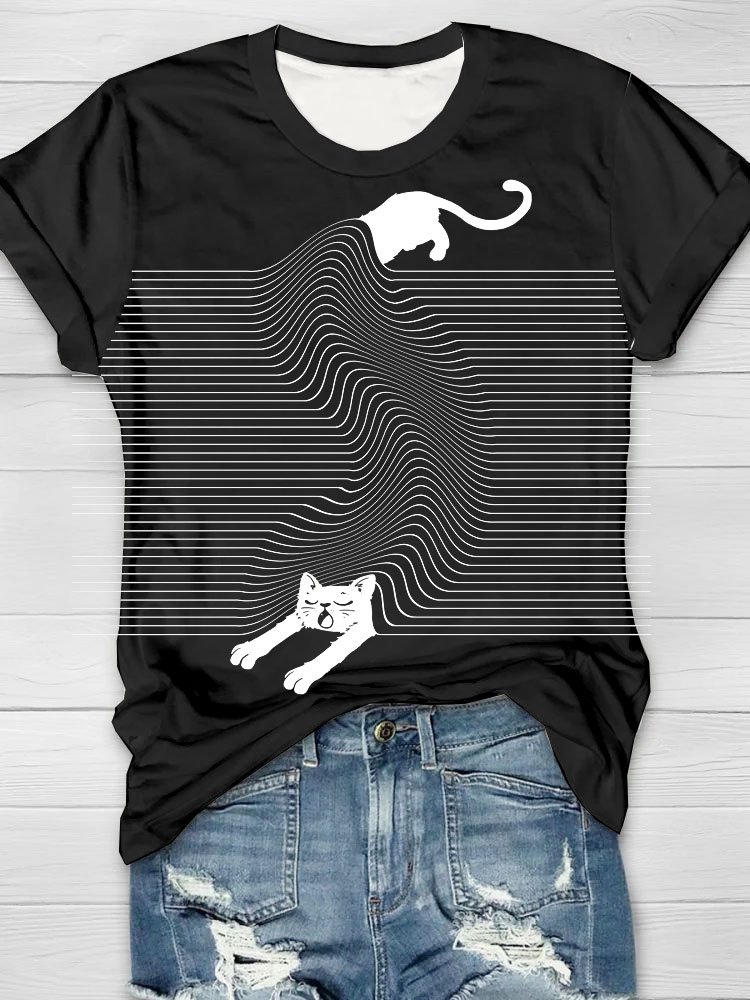 Abstract funny cat print round neck T-shirt