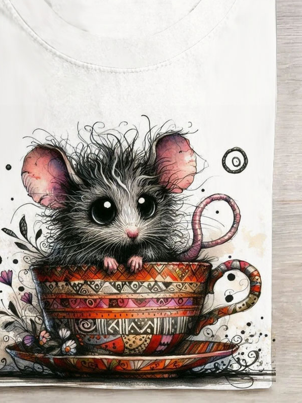 Funny Mouse Printed Round Neck Short Sleeve T-shirt