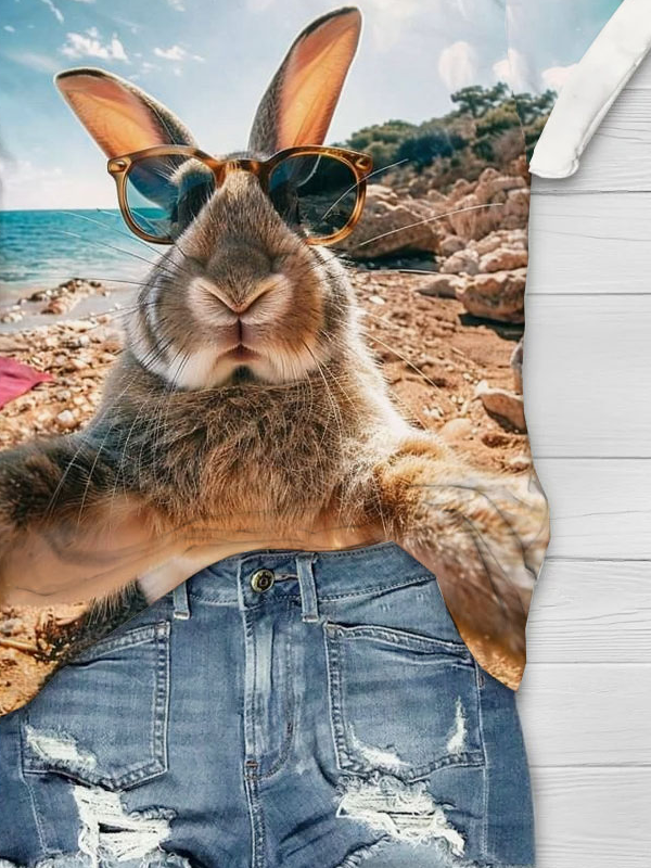 Funny Rabbit Beach Selfie Printed Round Neck T-shirt