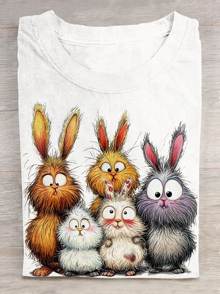 Crew Neck Rabbit Cotton Casual T-Shirt