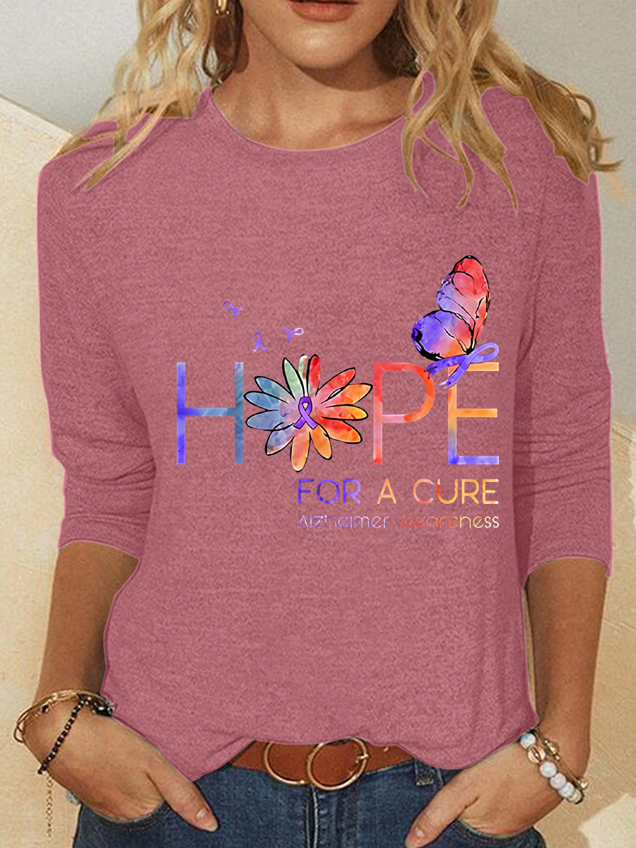 Women's Hope For A Cure Purple Ribbon Alzheimer's Awareness Fighter Supporter Casual Long Sleeve Shirt