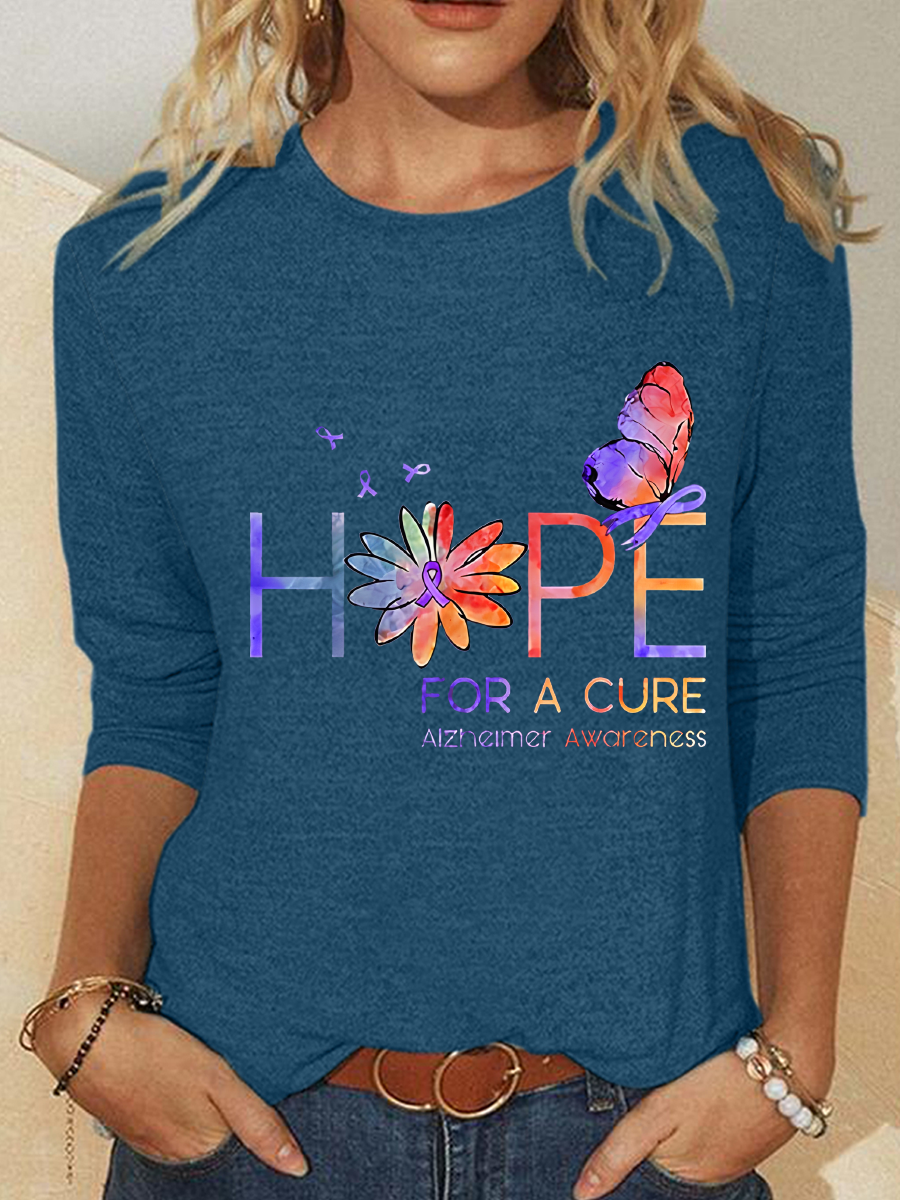 Women's Hope For A Cure Purple Ribbon Alzheimer's Awareness Fighter Supporter Casual Long Sleeve Shirt