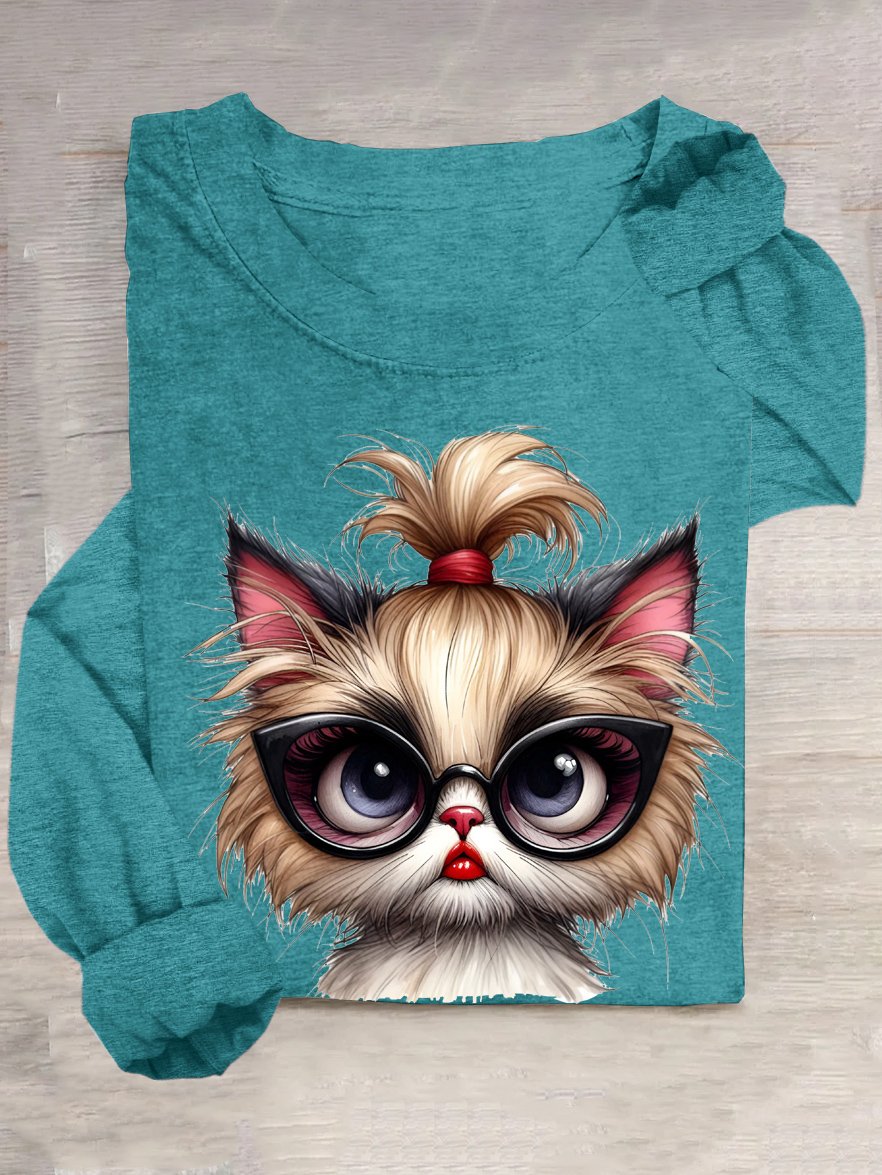 Cotton-Blend Loose Casual Cute Kitten T-Shirt