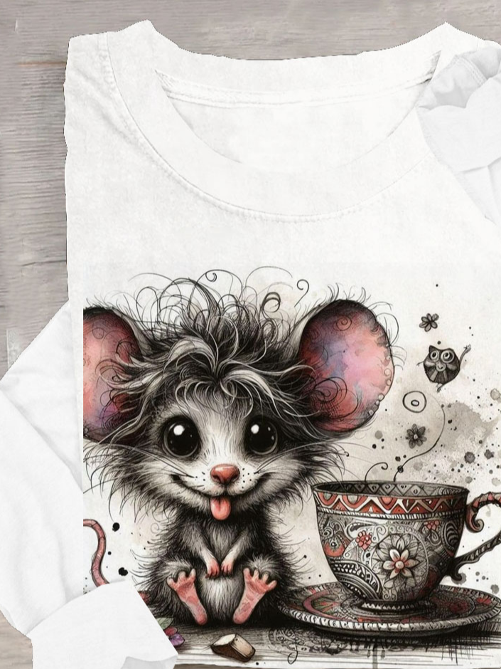 Funny Mouse Printed Round Neck Long Sleeve T-shirt