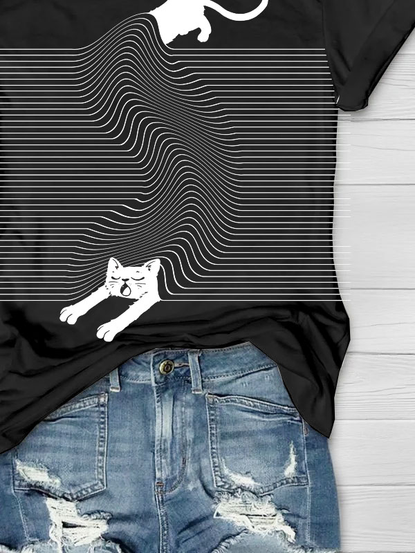 Abstract funny cat print round neck T-shirt