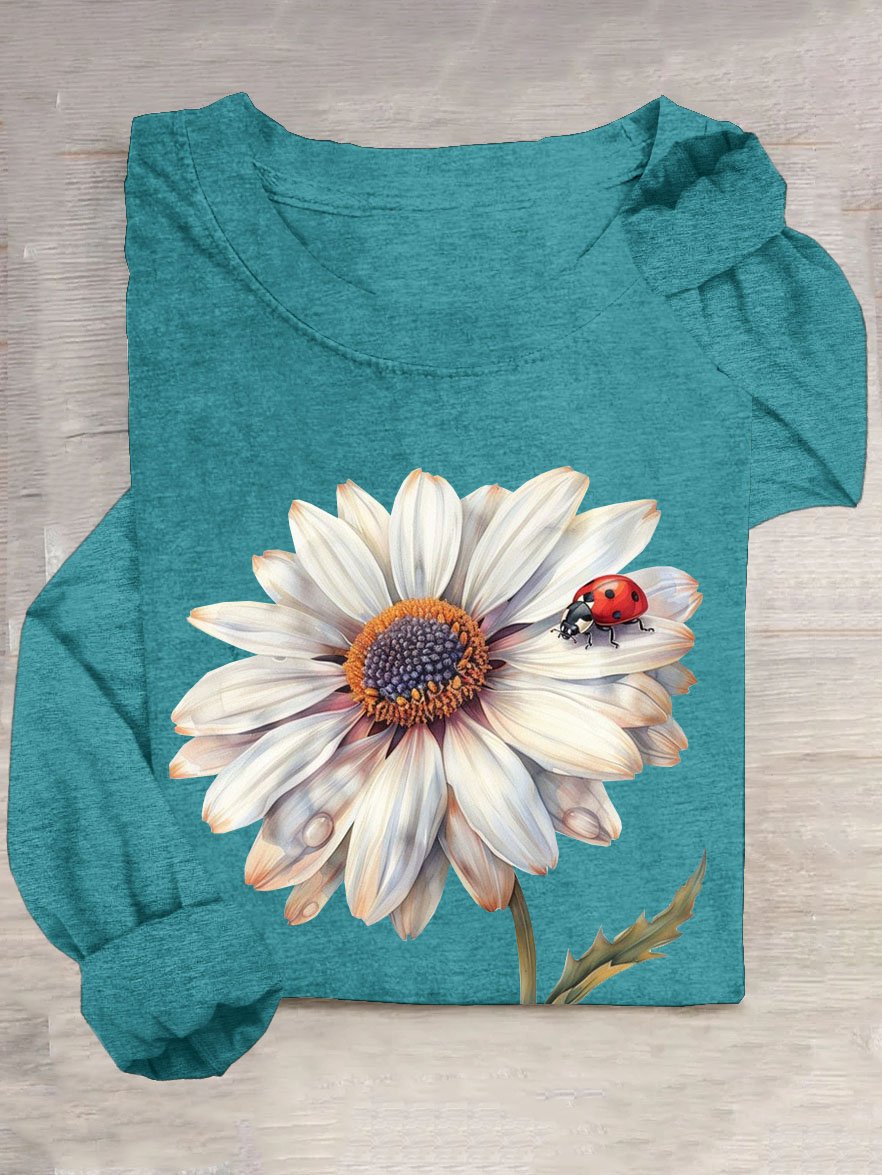 Floral printed round neck casual T-shirt