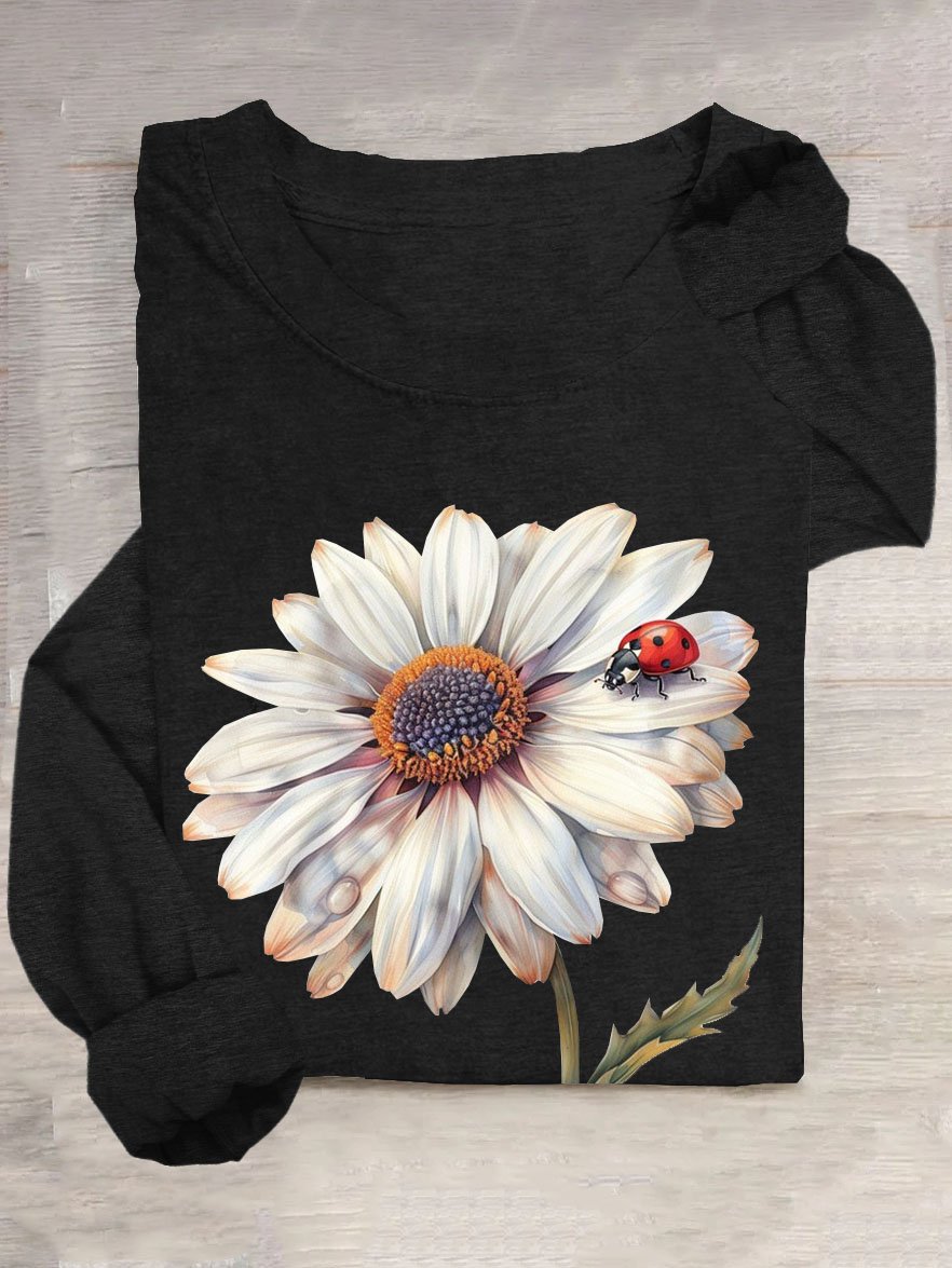 Floral printed round neck casual T-shirt