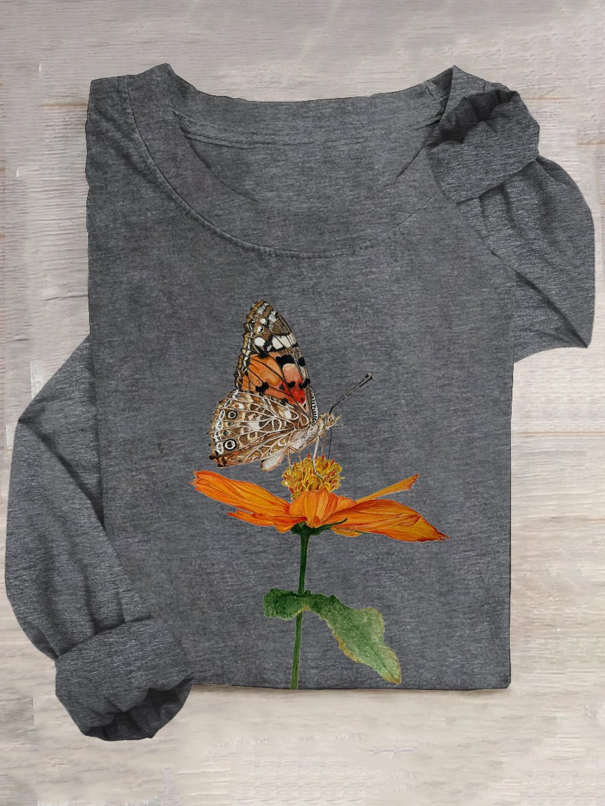 Floral and Butterfly Crew Neck Loose Casual T-Shirt