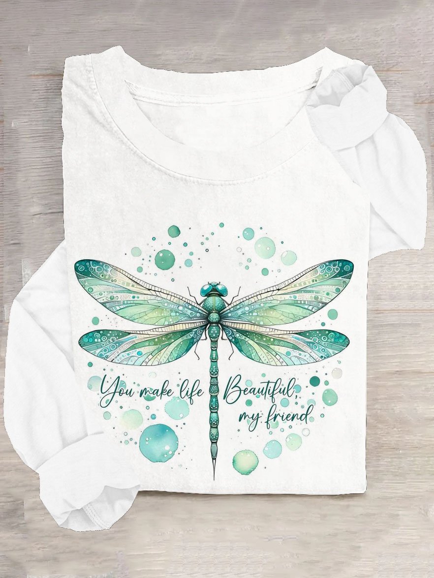 Loose Cotton-Blend Dragonfly Casual T-Shirt