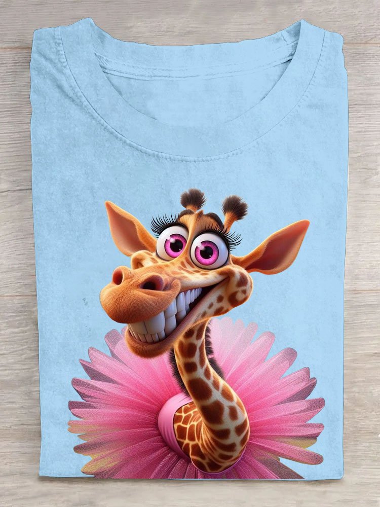 Funny Giraffe Printed Round Neck T-shirt