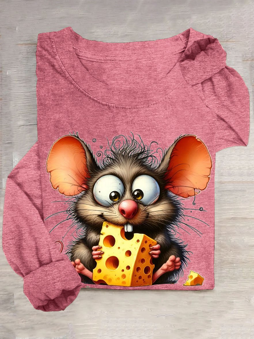 Funny Stealing Cheese Mouse Printed Round Neck Casual T-shirt