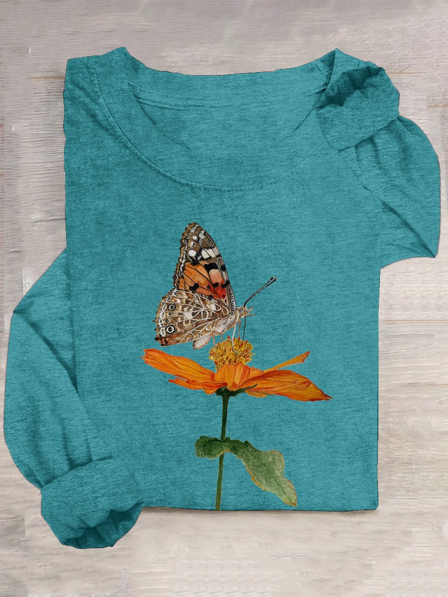 Floral and Butterfly Crew Neck Loose Casual T-Shirt