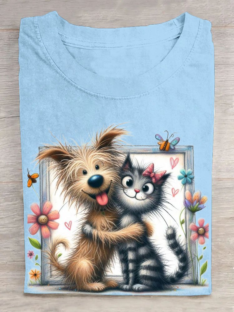 Funny Cat and Dog Printed Round Neck T-shirt