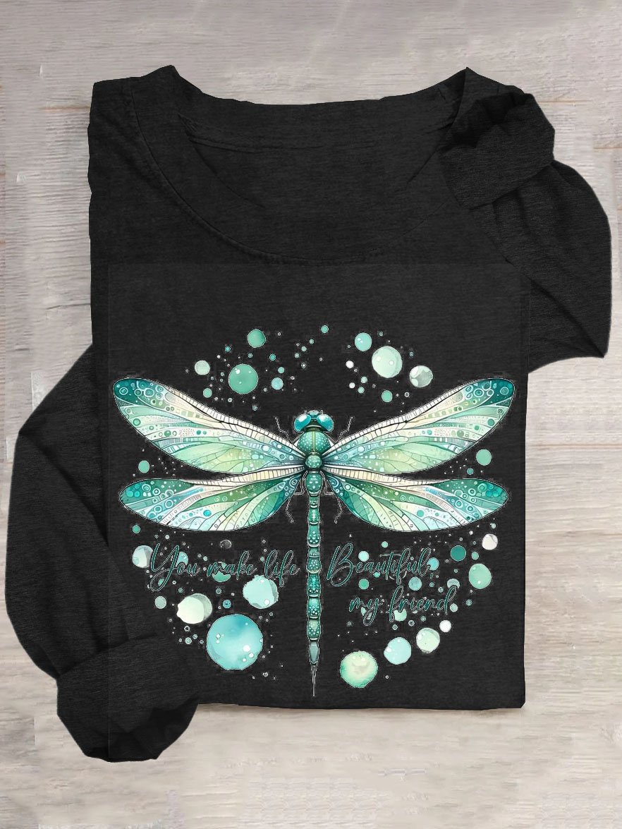 Loose Cotton-Blend Dragonfly Casual T-Shirt