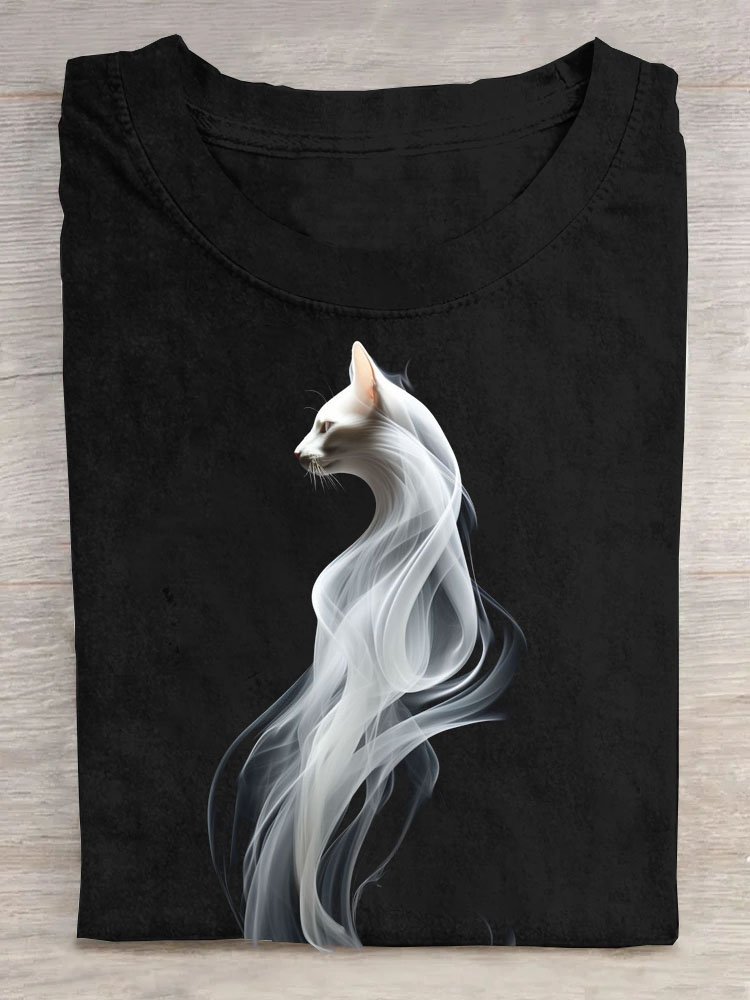 Abstract Art Cat Printed Round Neck Casual T-shirt