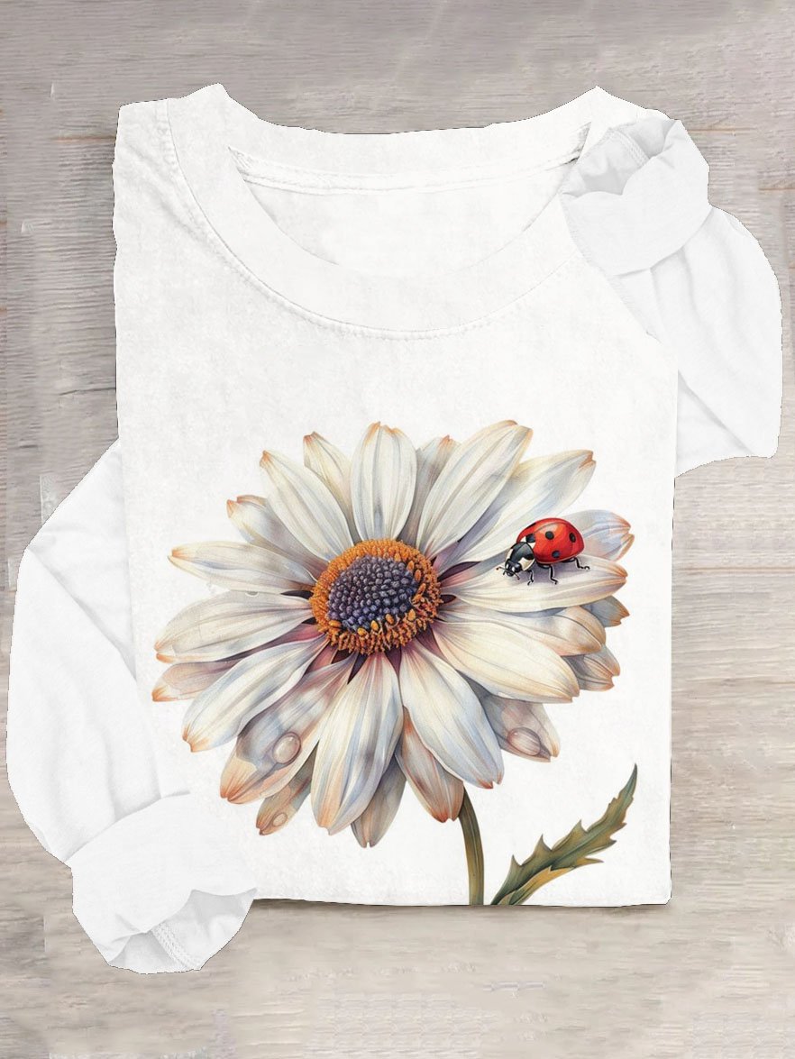 Floral printed round neck casual T-shirt