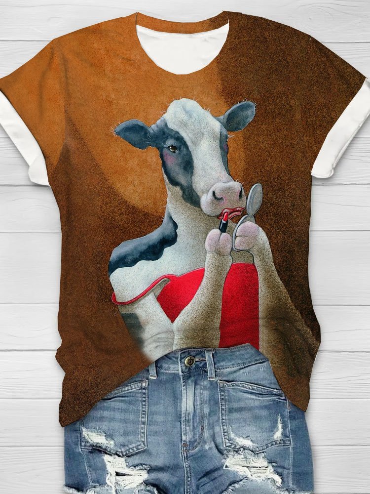 Artistic cow print round neck casual T-shirt