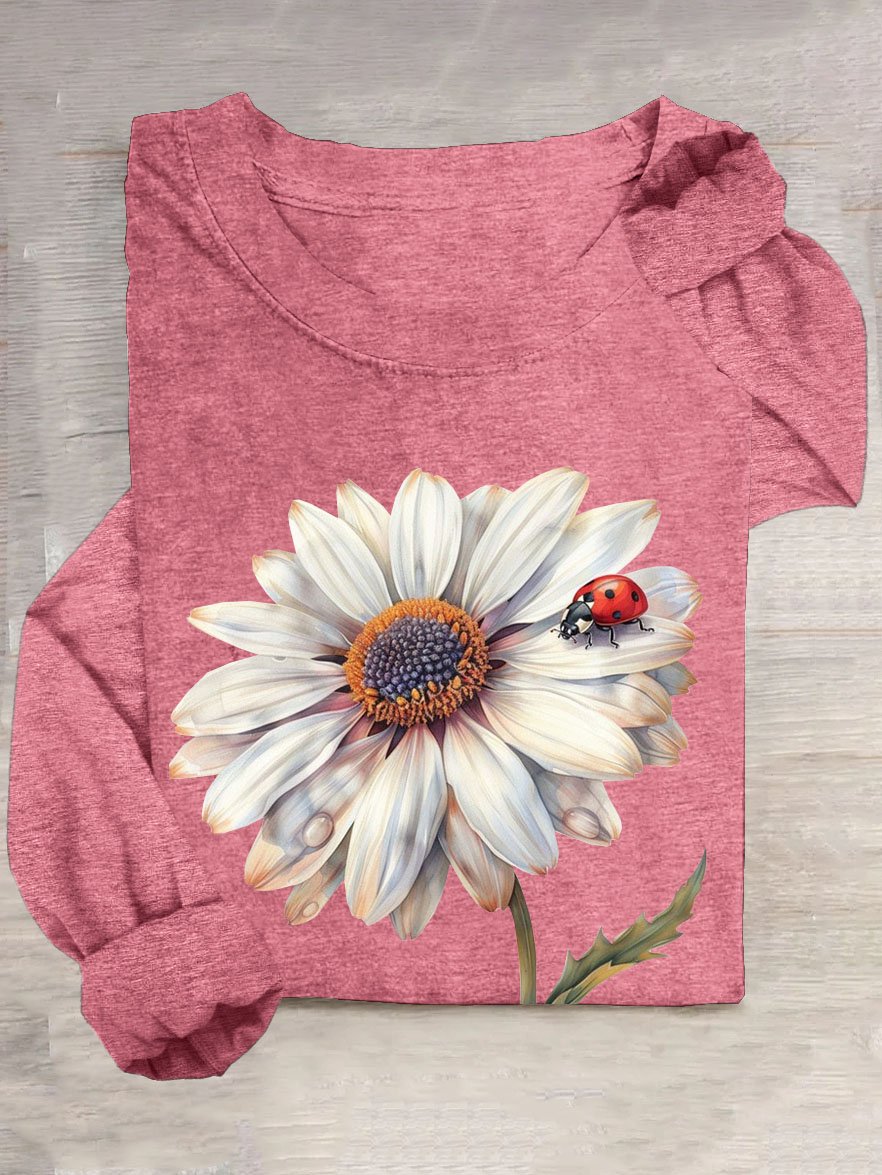 Floral printed round neck casual T-shirt