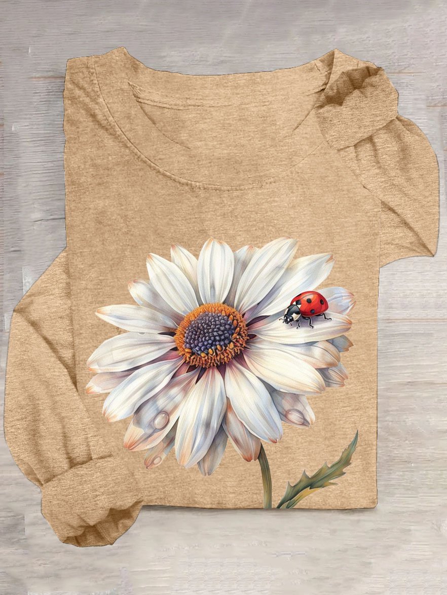 Floral printed round neck casual T-shirt