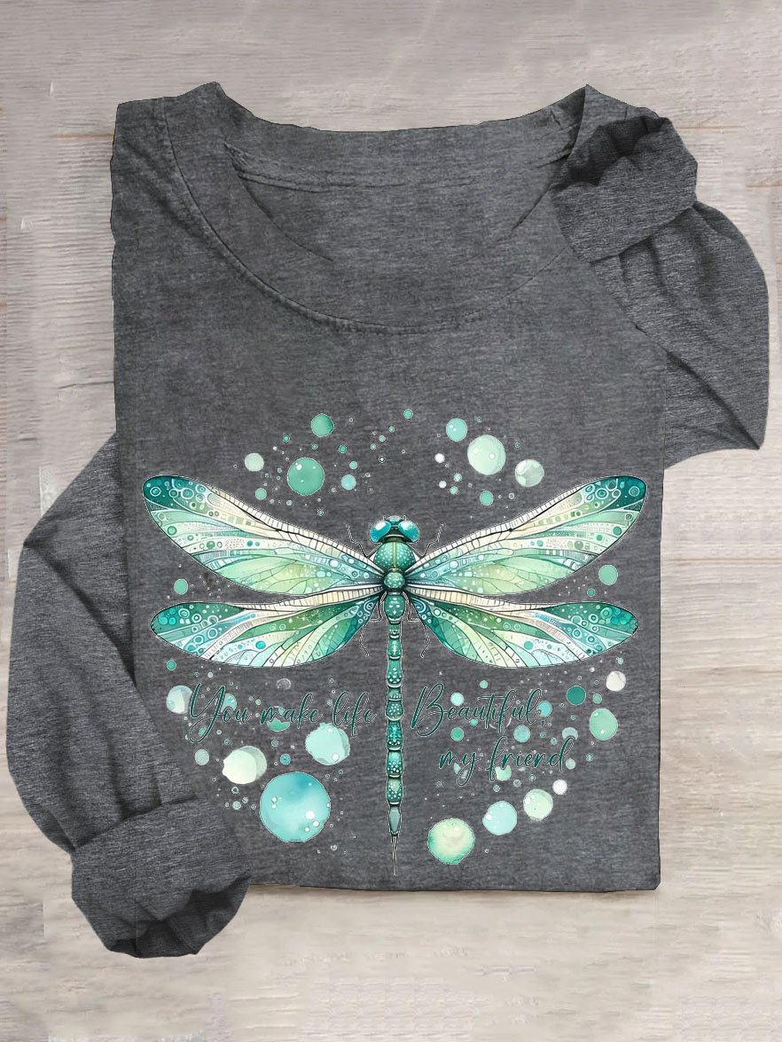 Loose Cotton-Blend Dragonfly Casual T-Shirt