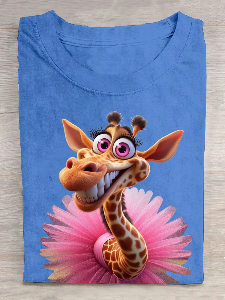 Funny Giraffe Printed Round Neck T-shirt