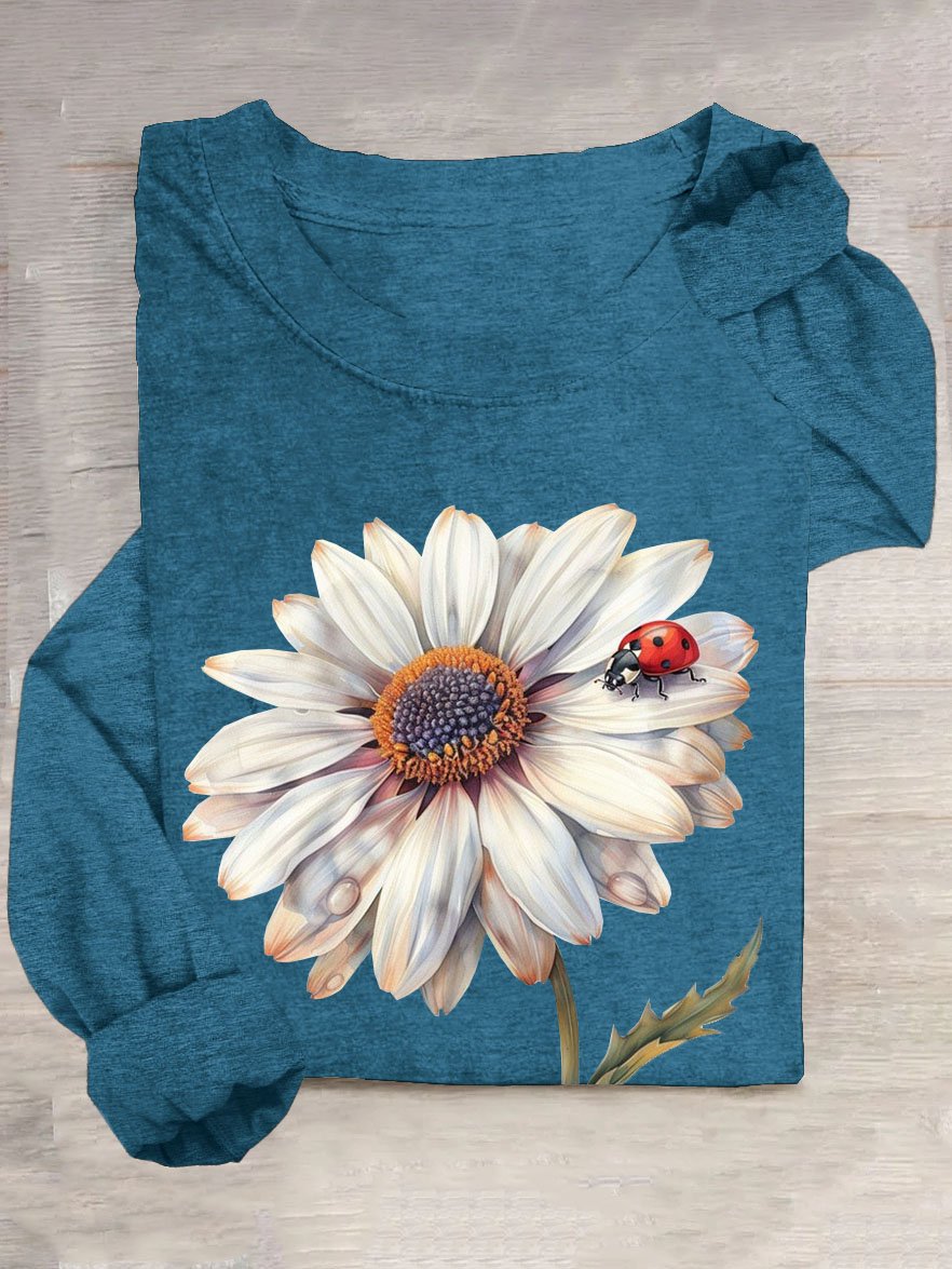 Floral printed round neck casual T-shirt