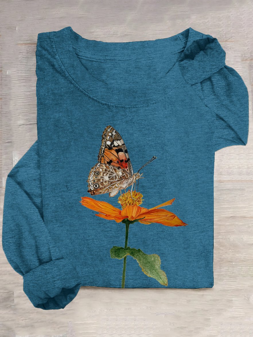 Floral and Butterfly Crew Neck Loose Casual T-Shirt