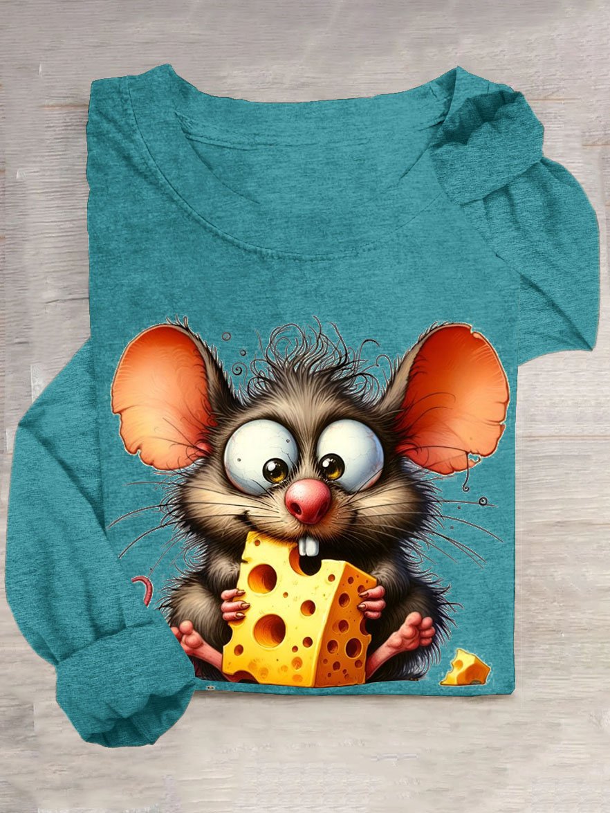 Funny Stealing Cheese Mouse Printed Round Neck Casual T-shirt