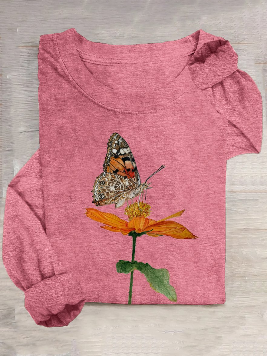 Floral and Butterfly Crew Neck Loose Casual T-Shirt