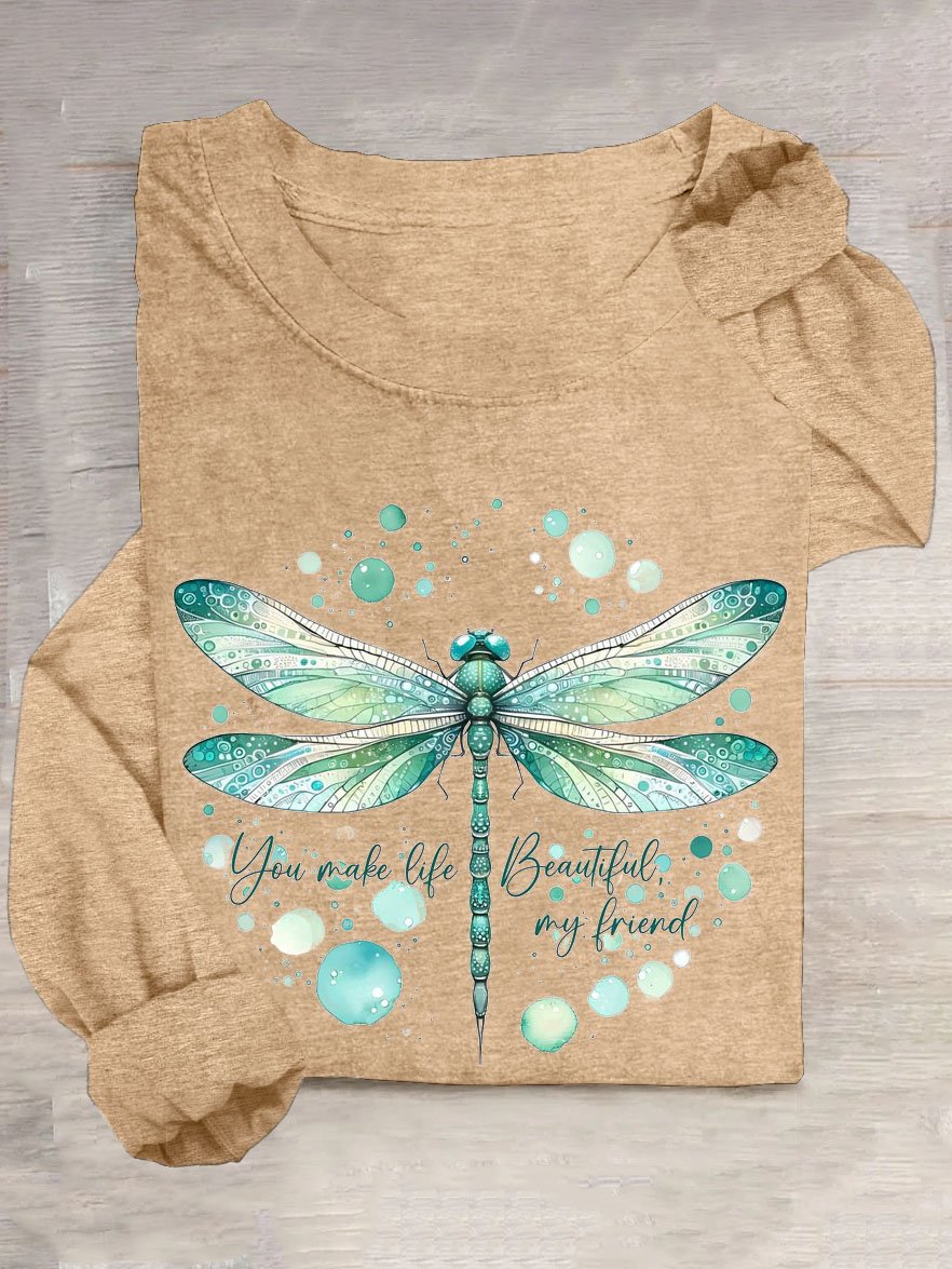 Loose Cotton-Blend Dragonfly Casual T-Shirt