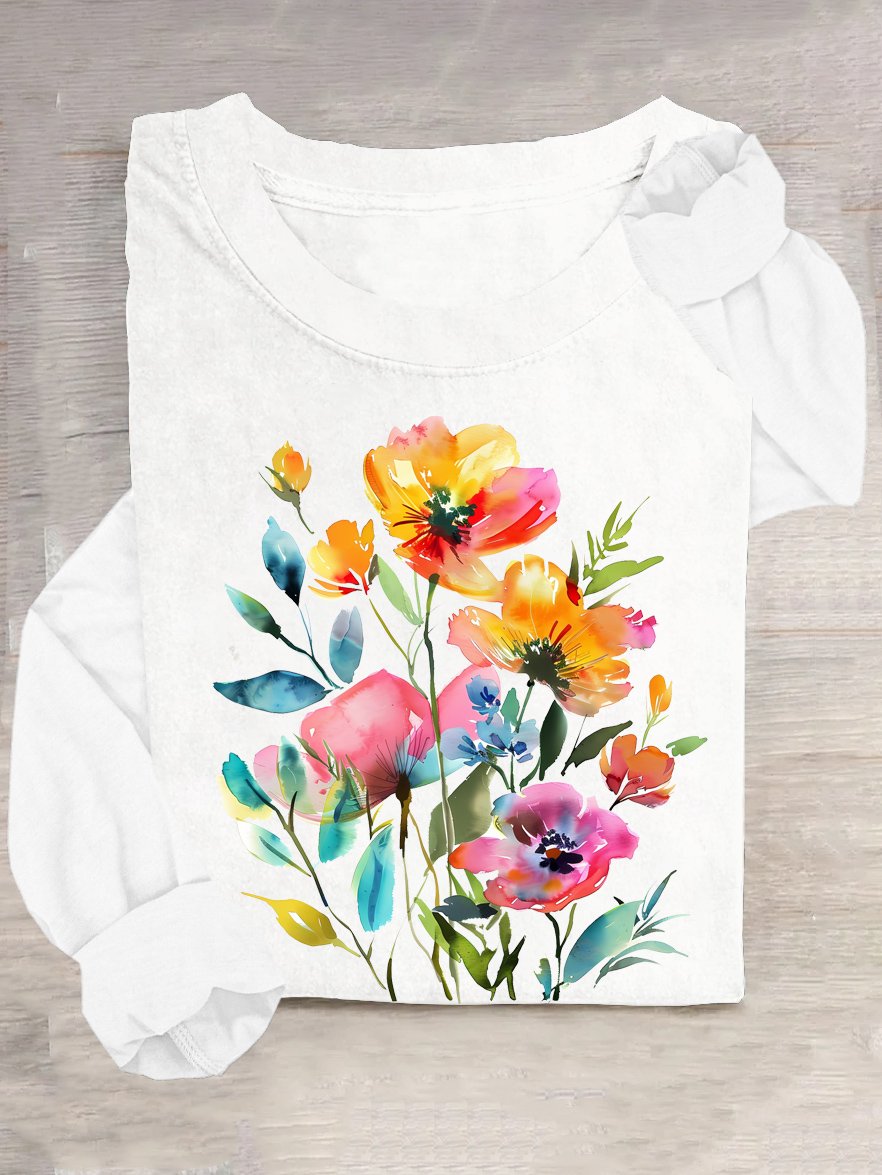 Floral Casual Cotton-Blend Loose T-Shirt