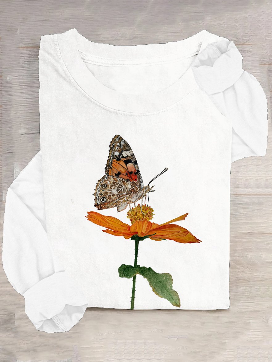 Floral and Butterfly Crew Neck Loose Casual T-Shirt