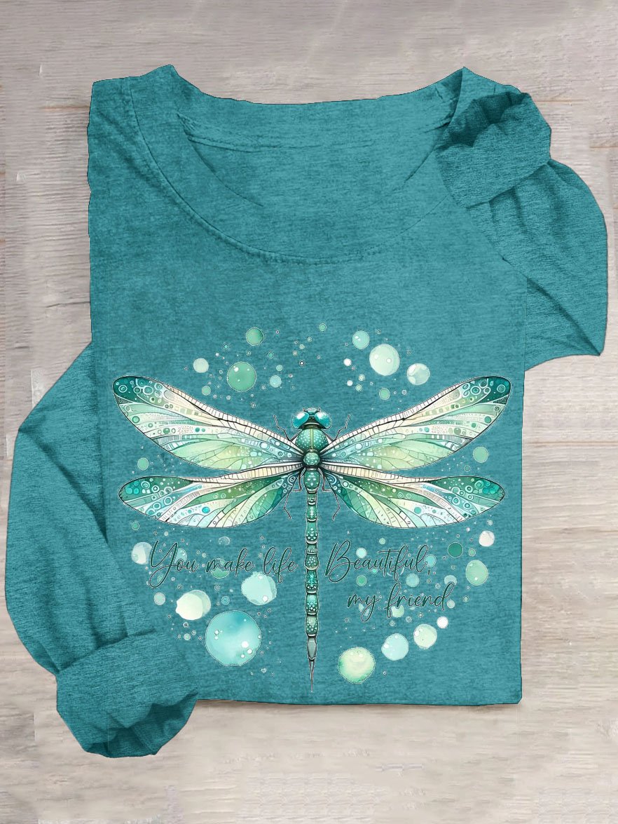 Loose Cotton-Blend Dragonfly Casual T-Shirt