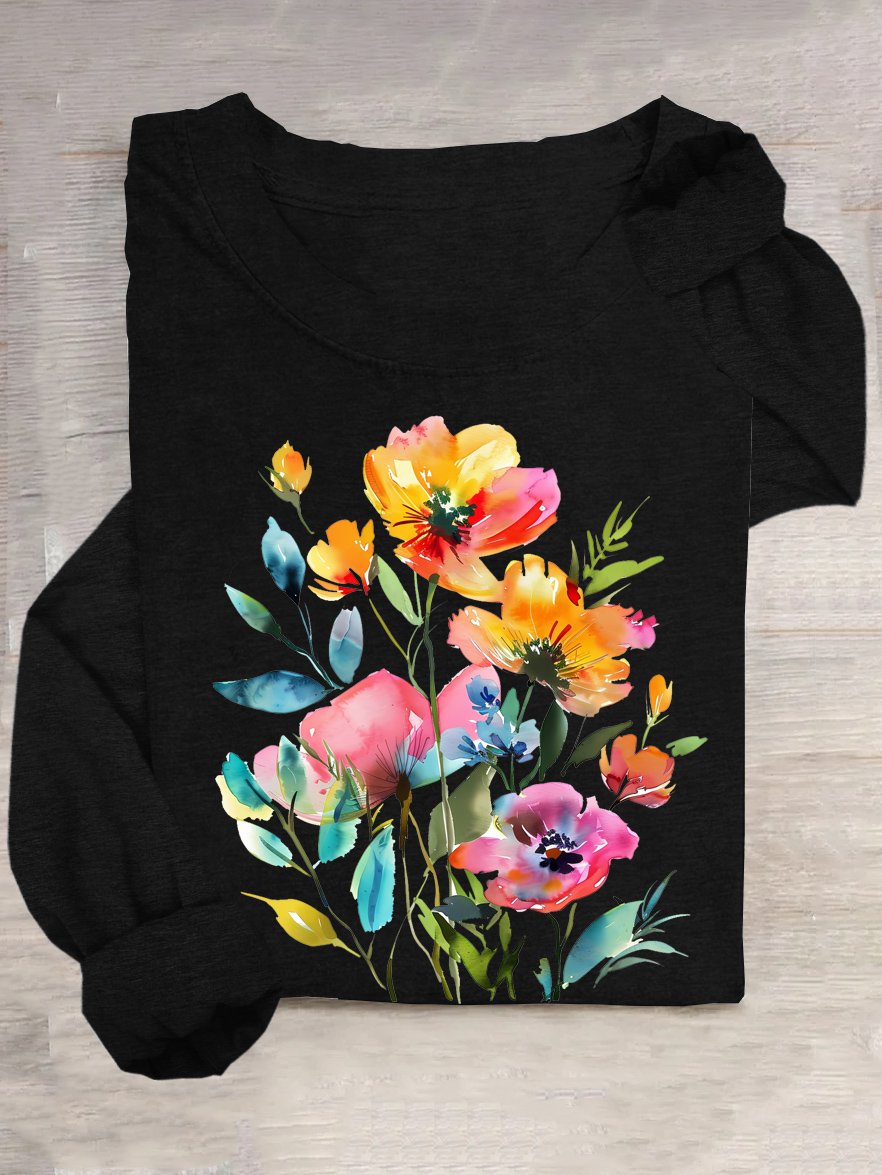 Floral Casual Cotton-Blend Loose T-Shirt