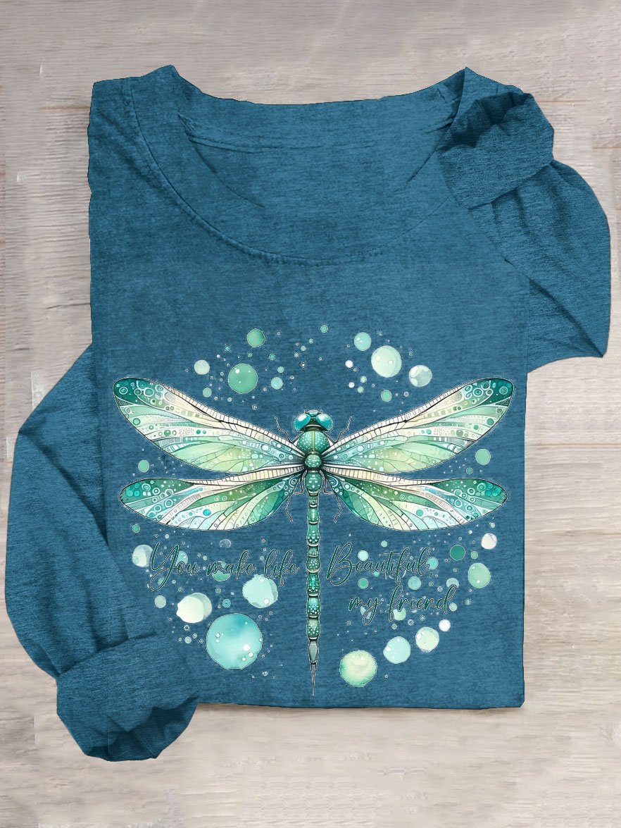 Loose Cotton-Blend Dragonfly Casual T-Shirt