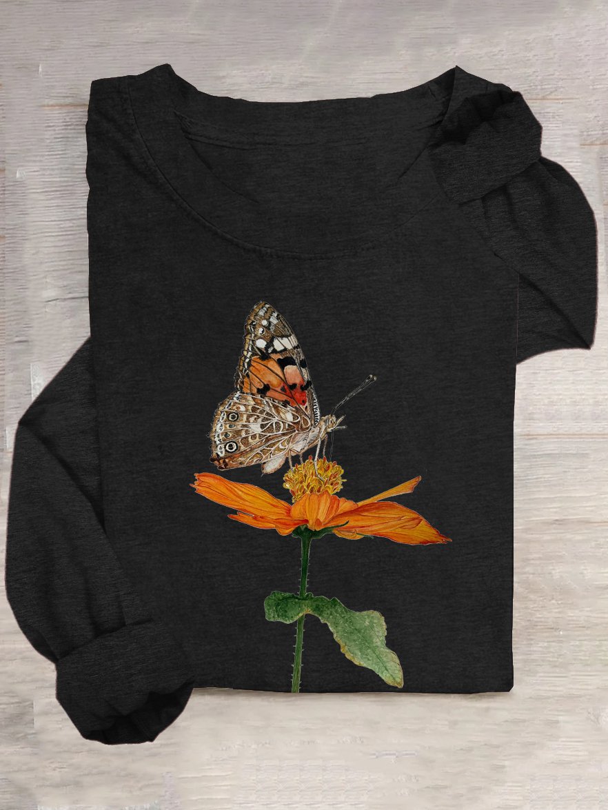 Floral and Butterfly Crew Neck Loose Casual T-Shirt