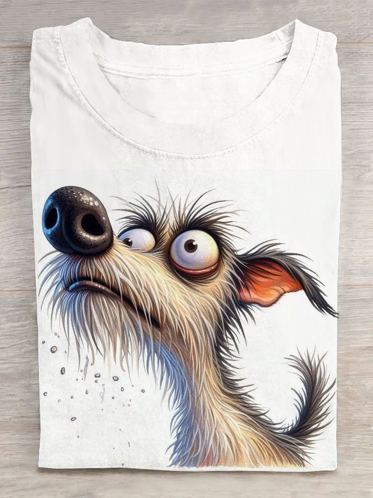 Funny dog print round neck casual T-shirt