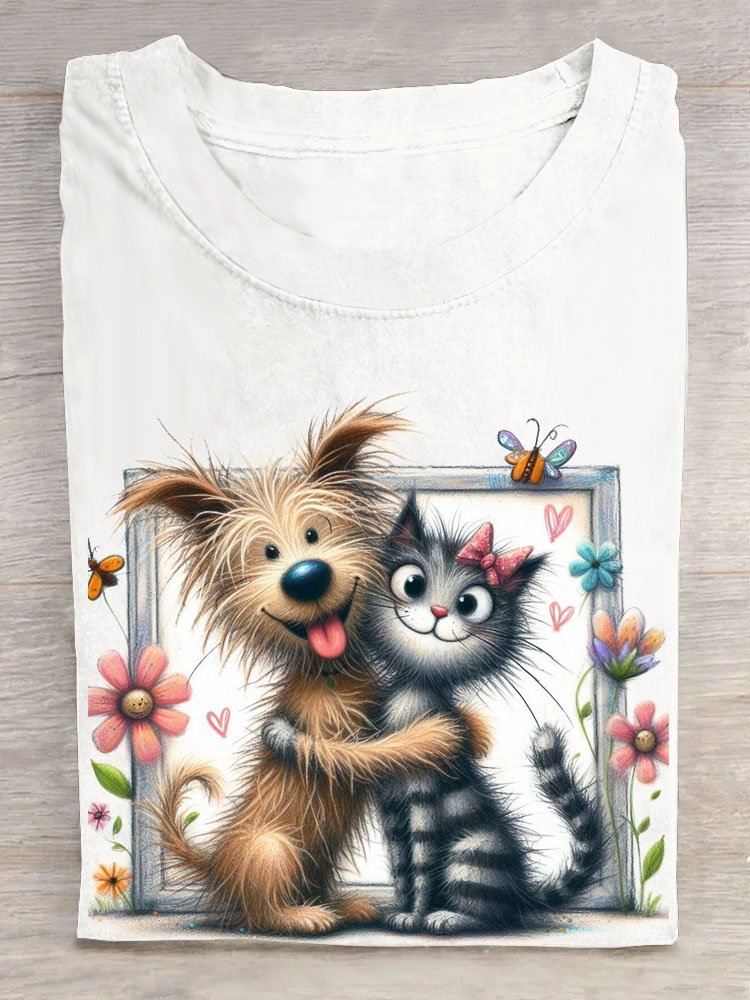 Funny Cat and Dog Printed Round Neck T-shirt