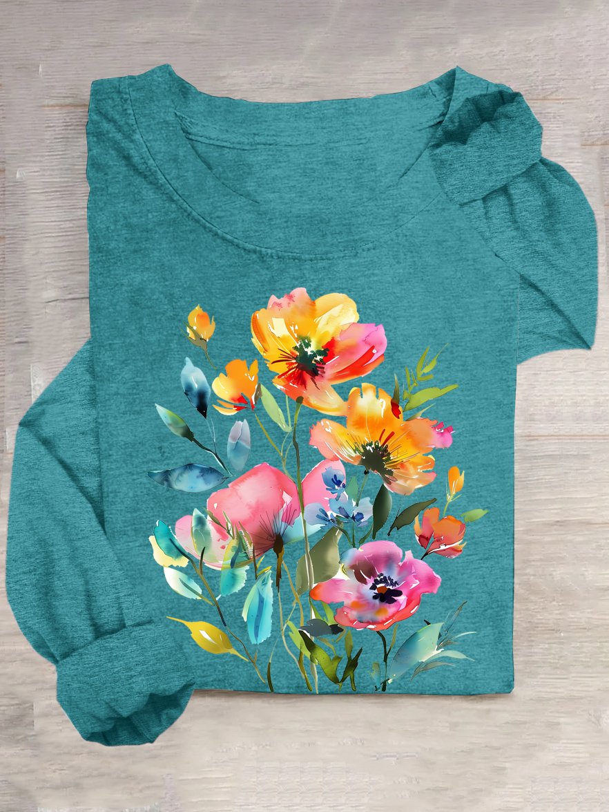 Floral Casual Cotton-Blend Loose T-Shirt