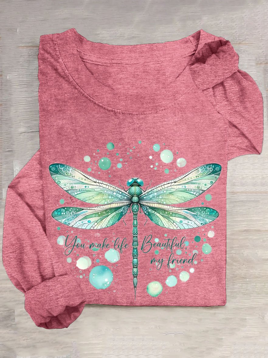 Loose Cotton-Blend Dragonfly Casual T-Shirt